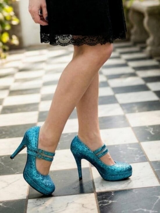 1031 Shoes Shoes - 1031 Shoes ✦ Blue Glitter Heels ✦ Party Pumps Double Buckle Closure Sz 9 NWT